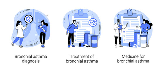 Respiratory illness abstract concept vector illustration set. Bronchial asthma diagnosis, treatment and medicine, shortness of breath, breathing attack, allergy cough, healthcare abstract metaphor.