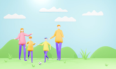 Obraz na płótnie Canvas Happy family outdoors spending time together. Father, mother and 2 sons are having fun and playing football, Family relationship, 3D cartoon