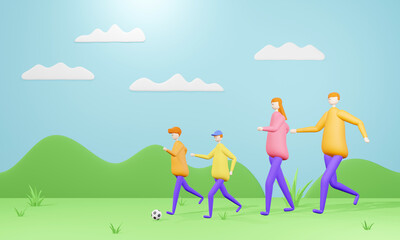 Happy family outdoors spending time together. Father, mother and 2 sons are having fun and playing football, Family relationship, 3D cartoon