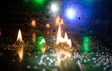 Burning microcircuit of complex electronic equipment. Factory breakdown concept.