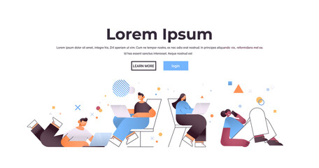 set mix race people using digital gadgets online communication concept isolated horizontal full length copy space vector illustration