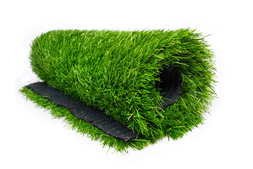 plastic roll of green grass on white background
