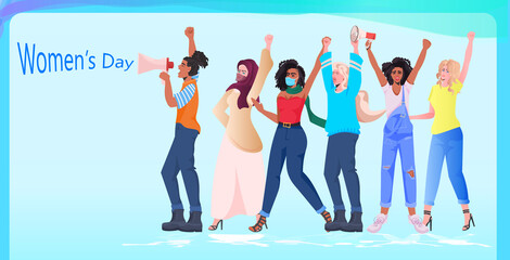 Fototapeta premium mix race girls celebrating international womens day 8 march holiday celebration concept full length horizontal vector illustration