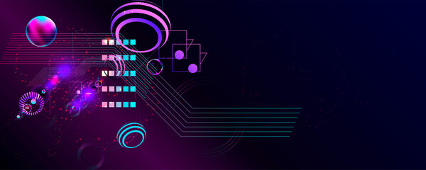 Dark retro futuristic cyberpunk elements abstraction background cosmos synthwave vaporwave retrowave glitch circle with blue and pink glows