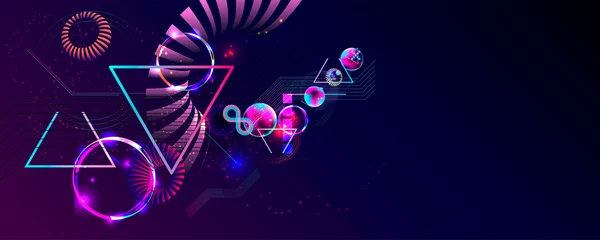 Poster Dark retro futuristic cyberpunk elements abstraction background cosmos synthwave vaporwave retrowave glitch circle with blue and pink glows © Olya Kartavaya