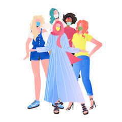 mix race girls in masks celebrating international womens day 8 march holiday celebration concept full length vector illustration