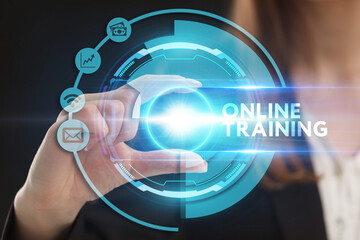 Business, Technology, Internet and network concept. Young businessman working on a virtual screen of the future and sees the inscription: Online training