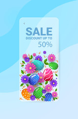 happy easter holiday celebration sale banner flyer or greeting card with decorative eggs and flowers vertical vector illustration