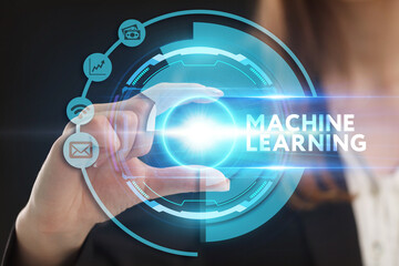 Business, Technology, Internet and network concept. Young businessman working on a virtual screen of the future and sees the inscription: Machine learning