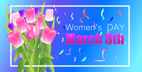 womens day 8 march holiday celebration banner flyer or greeting card with flowers bouquet horizontal vector illustration