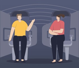 Passengers talking with others on their seats inside aircraft. Vector character illustration of people at the airport scene, airline travel, vacation, business trip. Flat design style.
