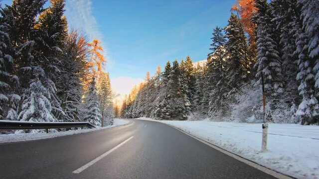 POV vehicle drive across beautiful winter nature, forest evergreen trees with snow, mountains, asphalt road and sunny blue sky, car travel gopro point of view