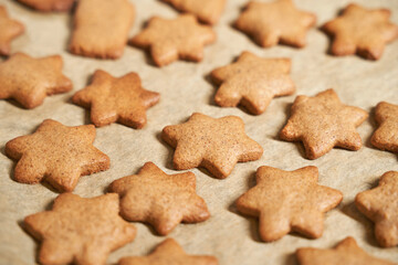 Star cookies on tray. Woman baked christmas biscuit. Many pieces of cake at paper. Holiday sweet food. Process prepare. Lot cinnamon desserts