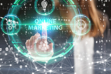 Business, Technology, Internet and network concept. Young businessman working on a virtual screen of the future and sees the inscription: Online marketing