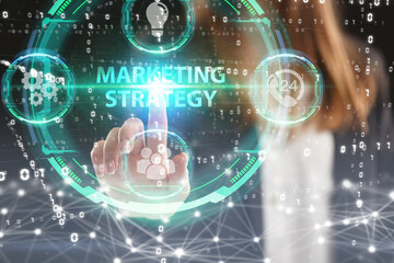 Business, Technology, Internet and network concept. Young businessman working on a virtual screen of the future and sees the inscription: Marketing strategy