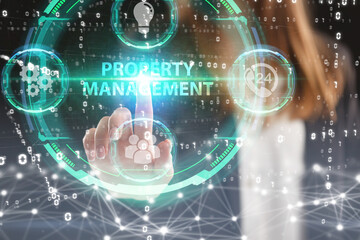 Business, Technology, Internet and network concept. Young businessman working on a virtual screen of the future and sees the inscription: Property management