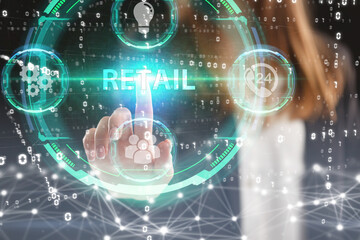 Business, Technology, Internet and network concept. Young businessman working on a virtual screen of the future and sees the inscription: Retail