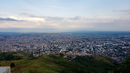 Santiago de Cali, Colombia; February 13 2021: Amazing panoramic view of the city of Santiago de Cali in Colombia, with view of the stadium and the Cali tower.