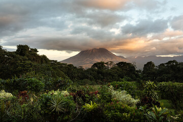 Dramatic photo of Arenal volcano with tropical vegetation in front during sunset. Costa Rica.