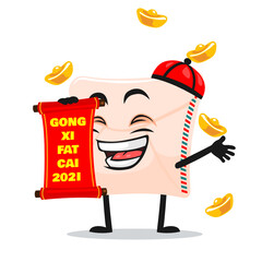 vector illustration of mail mascot or character holding red scroll and says happy chinese new year 2021