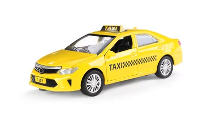 Foto op Plexiglas Yellow taxi car with roof sign on white background © New Africa