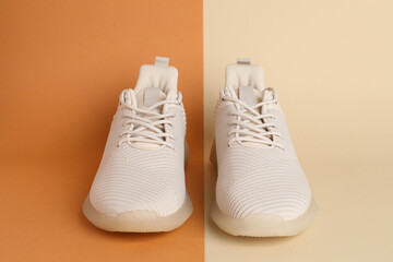 Pair of stylish sport shoes on color background