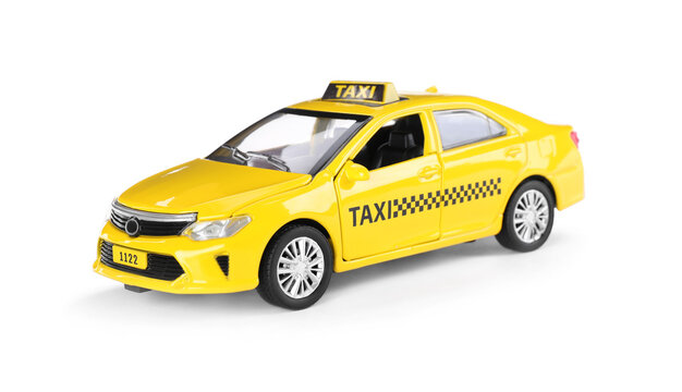 Yellow taxi car with roof sign on white background