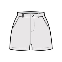 Short pants technical fashion illustration with mid-thigh length, normal waist, high rise, slashed pocket. Flat bottom apparel template front, grey color style. Women, men, unisex CAD mockup