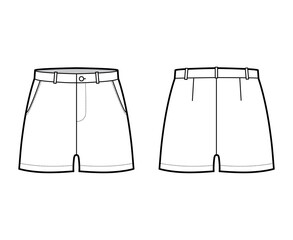 Short pants technical fashion illustration with mid-thigh length, low waist, rise, slashed pocket. Flat bottom apparel template front, back, white color style. Women, men, unisex CAD mockup
