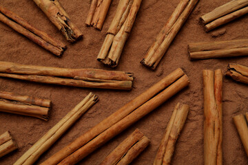 Many cinnamon sticks on powder, flat lay