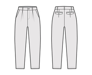 Capri pants technical fashion illustration with belt loops, mid-calf length, single pleat, normal waist, high rise, slashed, flap pocket. Flat breeches bottom front, back grey color. Women, CAD mockup