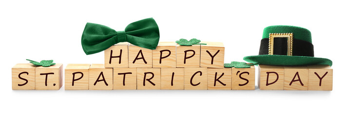Words Happy St. Patrick's day and festive decor on white  background