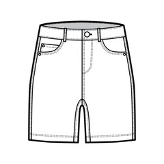 Denim short pants technical fashion illustration with mid-thigh length, low waist, rise, curved, coin, angled 5 pockets. Flat bottom template front, white color style. Women, men, unisex CAD mockup