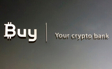A word Buy Your crypto bank on a window Buy Your crypto bank office, a point of offline crypto currency exchange, opened on August 2018, in Kiev, Ukraine, on 22 October 2018.