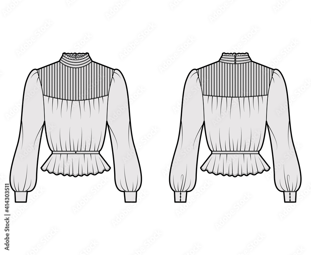 Sticker gibson blouse technical fashion illustration with puff long sleeves, stand collar, peplum hem, fitte