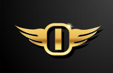 I gold letter logo alphabet for business and company with yellow color. Corporate brading and lettering with golden metal design and wing