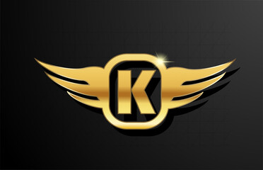 K gold letter logo alphabet for business and company with yellow color. Corporate brading and lettering with golden metal design and wing