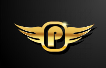 P gold letter logo alphabet for business and company with yellow color. Corporate brading and lettering with golden metal design and wing