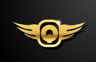 Q gold letter logo alphabet for business and company with yellow color. Corporate brading and lettering with golden metal design and wing