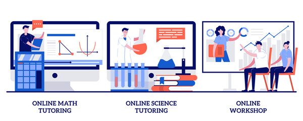 Online math and science tutoring, online workshop concept with tiny people. Personalised learning vector illustration set. Homeschooling, educational platform, video lessons, master class metaphor