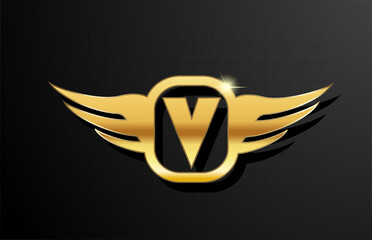 V gold letter logo alphabet for business and company with yellow color. Corporate brading and lettering with golden metal design and wing