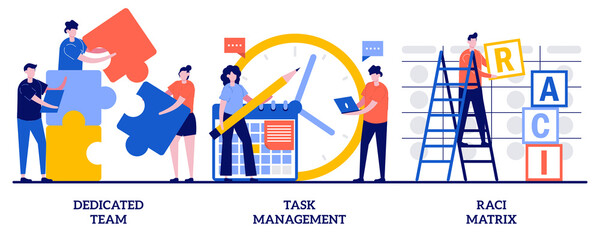 Dedicated team, task management, RACI matrix concept with tiny people. Developers team management abstract vector illustration set. Productivity online platform, responsibility chart metaphor