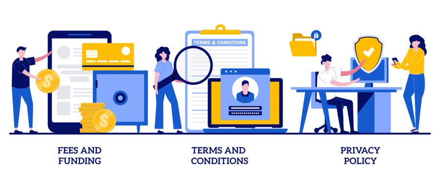 Fees and funding, terms and conditions, privacy policy concept with tiny people. Website information page vector illustration set. Service cost, subscription fee, website menu bar, UI, UX metaphor