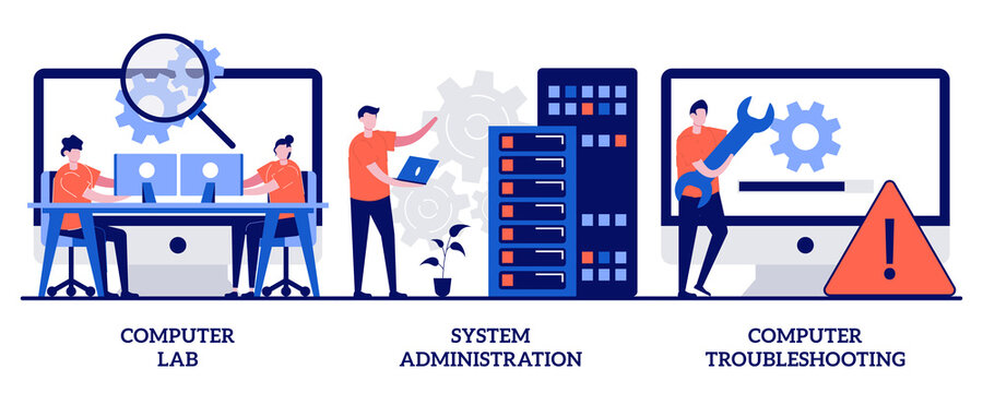 Computer Lab, System Administration, Troubleshooting Concept With Tiny People. Computers And Software Vector Illustration Set. Information Technology, Network Upkeeping, Operating System Metaphor