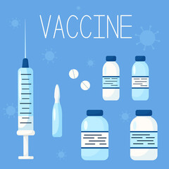 Vector set of vaccines in flat style. Coronavirus vaccine. Syringes, ampoules
