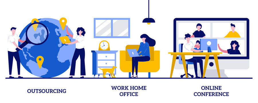 Outsourcing, work home office, online conference concept with tiny people. Distance working abstract vector illustration set. Freelance job, team digital meeting, IT business, internet platform