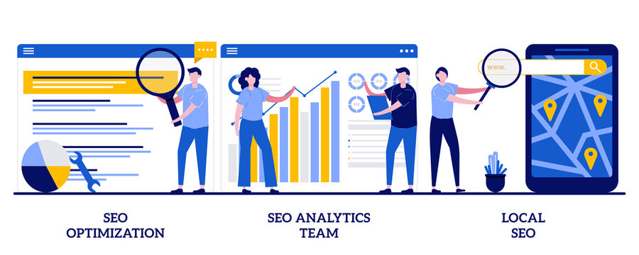 SEO optimization, SEO analytics team, local SEO concept with tiny people. Search engines page rank abstract vector illustration set. Keyword and link building, internet promotion, visibility metaphor