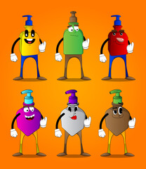 Cartoon bottle of hand sanitizer gel for hygiene with face inviting to come there, hand sign.