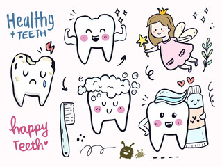 Tooth fairy and brush doodle illustration cartoon for kids learning