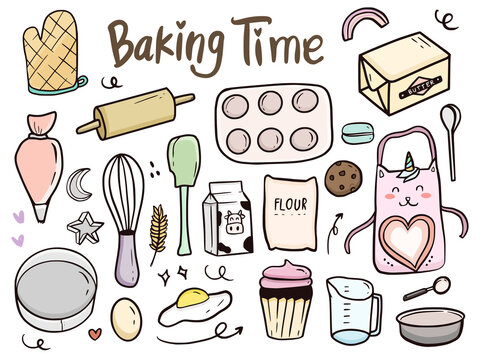 Baking time tools and cake doodle illustration drawing cartoon for kids